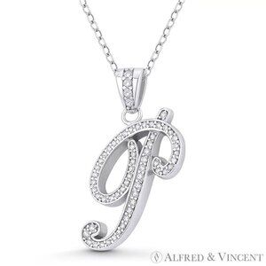 Initial Letter "P" Cursive Script CZ Crystal Pendant in .925 Sterling Silver